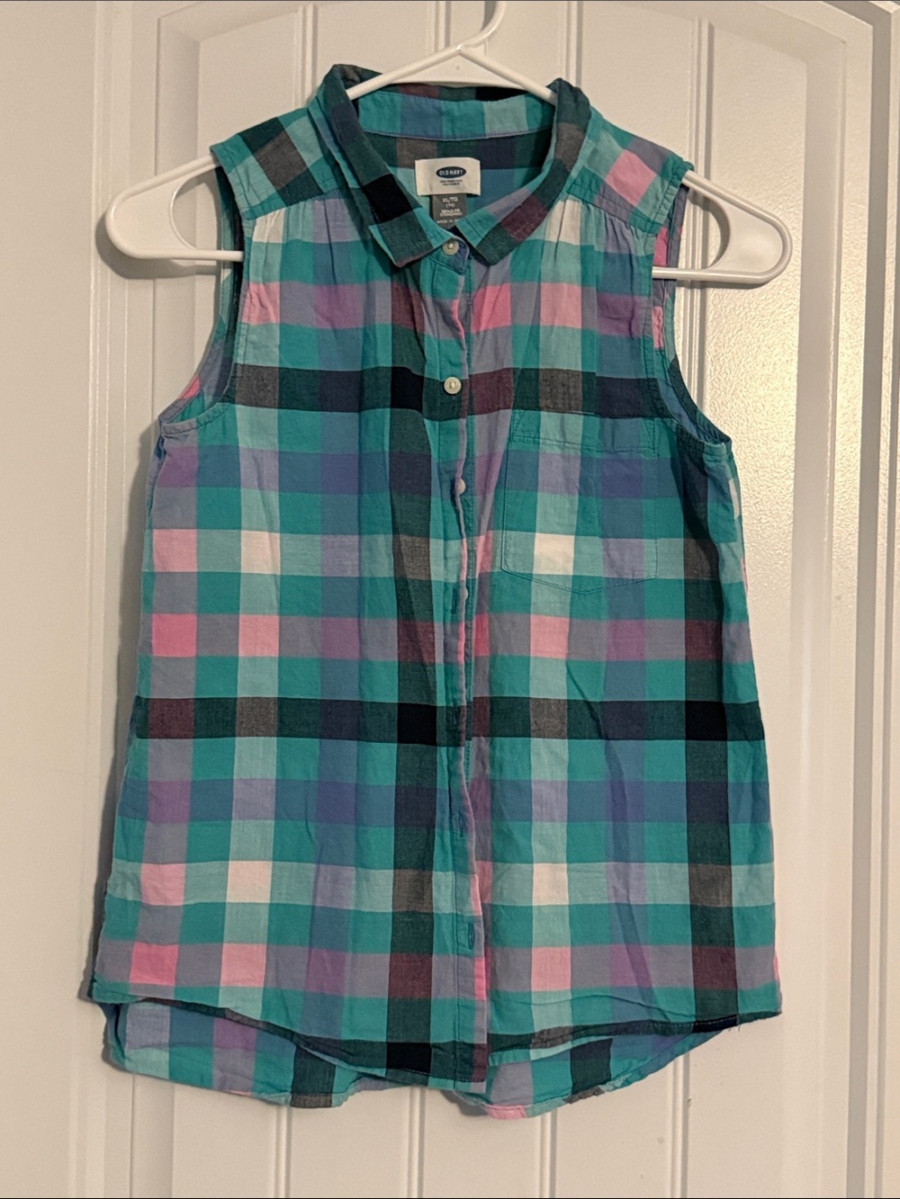Old Navy Girls Teal, Pink & Purple Plaid Sleeveless Button-Up